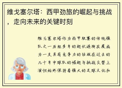 维戈塞尔塔：西甲劲旅的崛起与挑战，走向未来的关键时刻