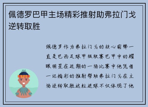 佩德罗巴甲主场精彩推射助弗拉门戈逆转取胜 佩德罗巴甲主场精彩推射助弗拉门戈逆转取胜