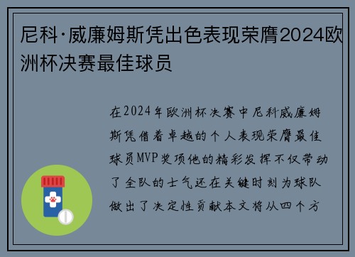 尼科·威廉姆斯凭出色表现荣膺2024欧洲杯决赛最佳球员